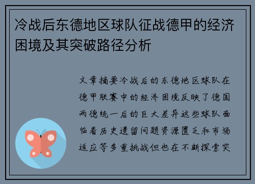 冷战后东德地区球队征战德甲的经济困境及其突破路径分析