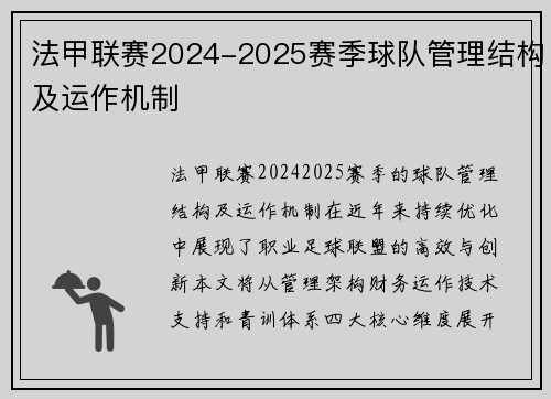 法甲联赛2024-2025赛季球队管理结构及运作机制