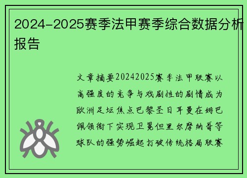 2024-2025赛季法甲赛季综合数据分析报告